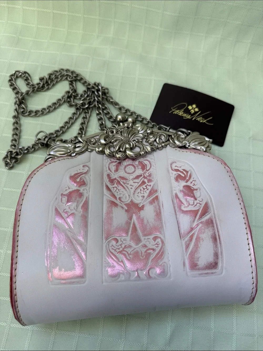 New Patricia Nash Super Light  Pink with Metallic-Trim Leather Crossbody Clutch